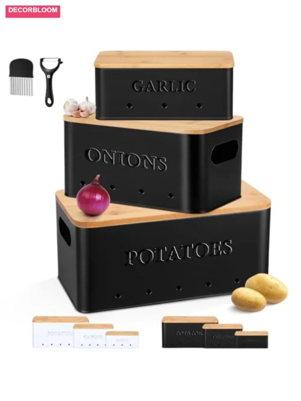 Metal Vegetable Storage Bins with Bamboo Handles Set of 3 Potato Onion Garlic